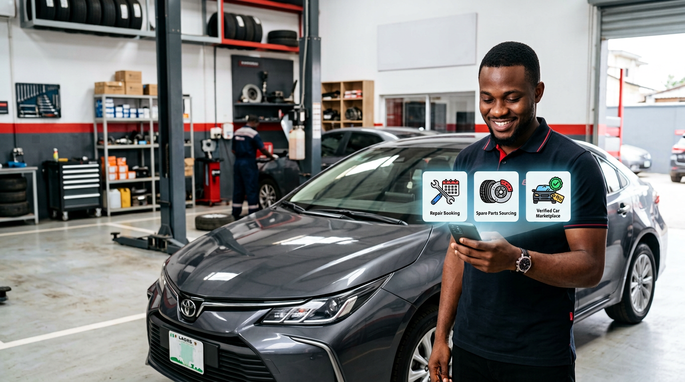 A car owner using a digital automotive platform beside a vehicle in a professional workshop, representing vehicle care, spare parts, and verified car marketplace services.