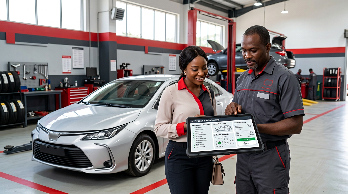 A vehicle owner and service adviser reviewing a maintenance checklist and approved service plan beside a car in a modern service center.