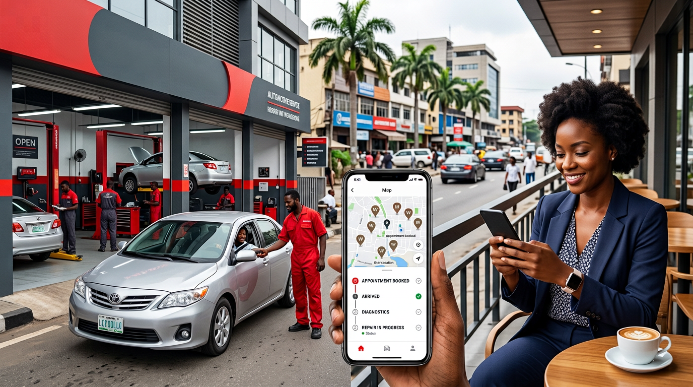 A customer tracking a service appointment on a phone while a vehicle arrives at a trusted auto workshop.