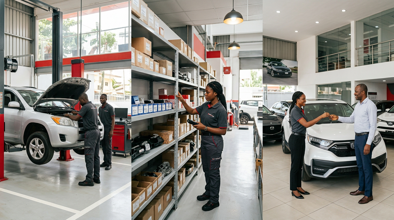 A single visual composition showing vehicle repair, genuine parts supply, and verified vehicle marketplace services.