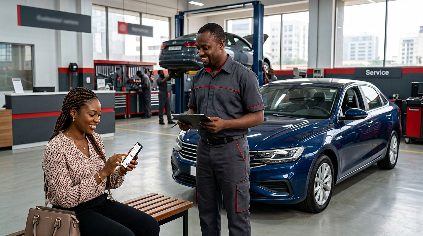 A customer scheduling vehicle service on a phone while a service adviser prepares for the appointment beside a clean vehicle.
