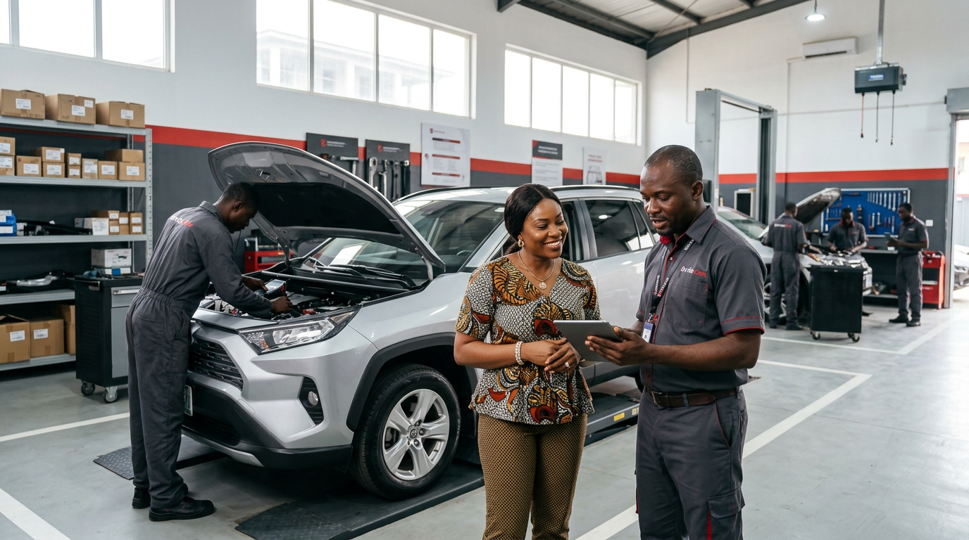 A professional automotive team, customer, and inspected vehicle representing trust, transparency, and modern vehicle care operations.
