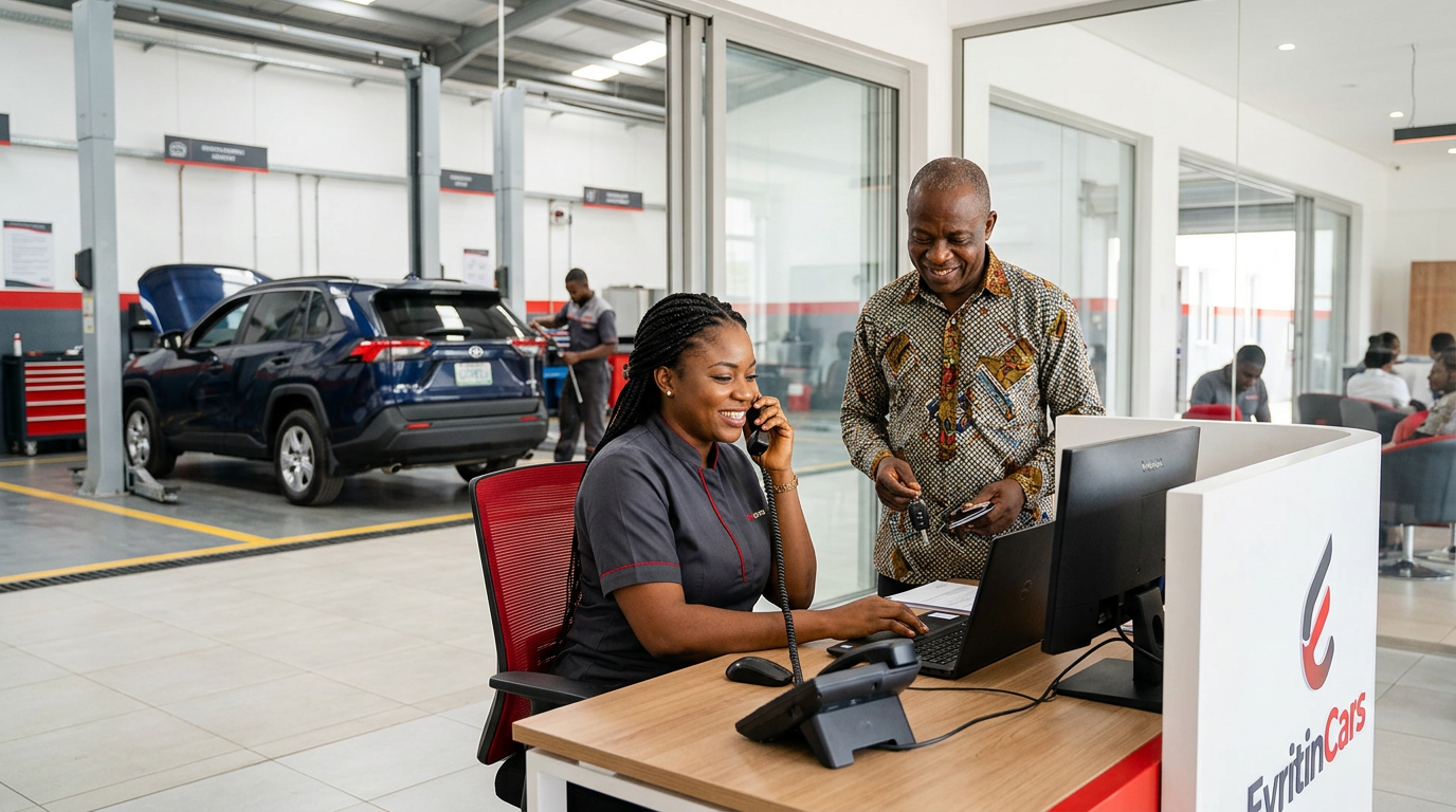 A service adviser helping a car owner in a welcoming support environment with a vehicle and workshop reception nearby.