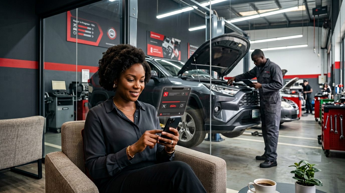 A customer checking live service progress on a smartphone while the vehicle is actively being serviced in a professional workshop.